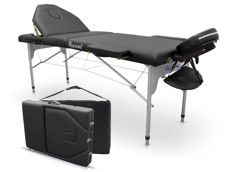 Quirumed Folding Aluminium Massage Table Pro, 186 x 66 cm, with Folding Backrest, Black, Leatherette, Face Hole, Removable Headrest, Height-adjustable, 2 Section, Up to 150 kg