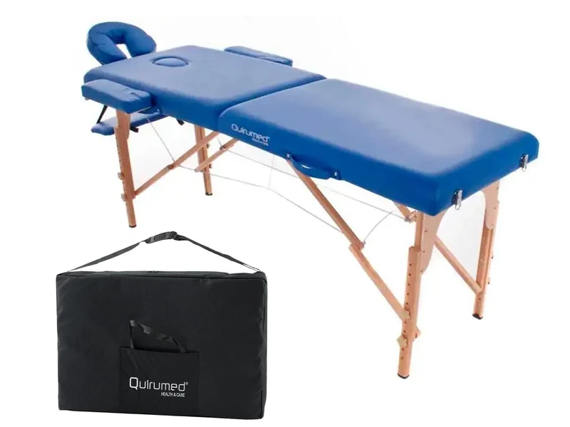 Quirumed Folding Easy Wooden Massage Table, Blue, 194 x 70 cm, Massage Table, Physiotherapy Massage, Leatherette, Articulated Head, Adjustable Height, 2 Bodies, Up to 150 kg