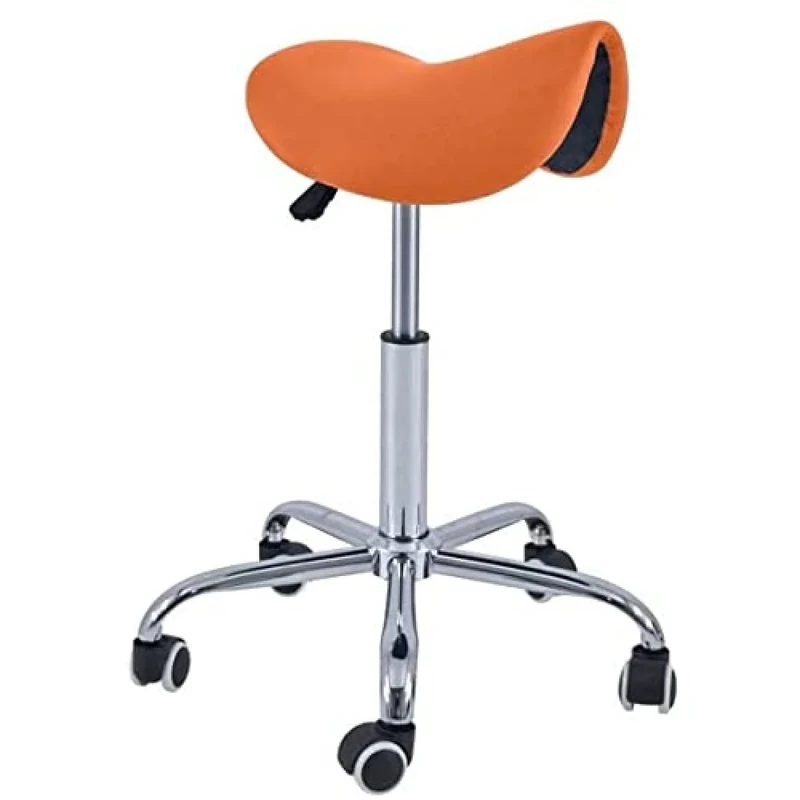 QUIRUMED Pony Stool 5 Wheels, Chrome Base, Orange, Upholstered in Leatherette, Height Adjustable, Lightweight, Ergonomic Design, Rotatable, Up to 150 kg