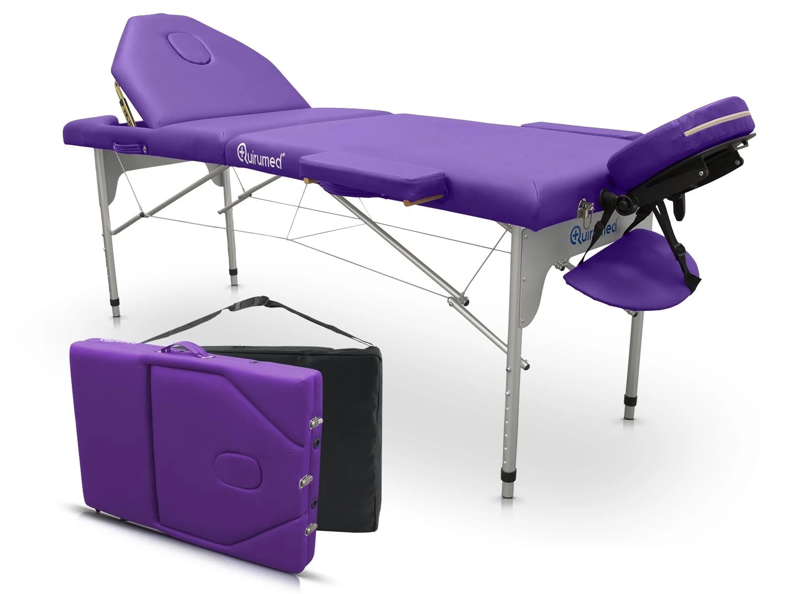 Quirumed Aluminium Folding Massage Table PRO, 186 x 66 cm, with Folding Backrest, Purple, Leatherette, Face Hole, Removable Headrest, Height Adjustable, 2 Section, up to 150 kg.
