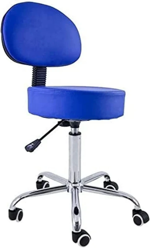 QUIRUMED Stool with Backrest, Chrome Base, 5 Wheels and Gas Lift, Blue, Metal Frame, Leatherette, High Density Filling, Adjustable Height, Up to 150 kg
