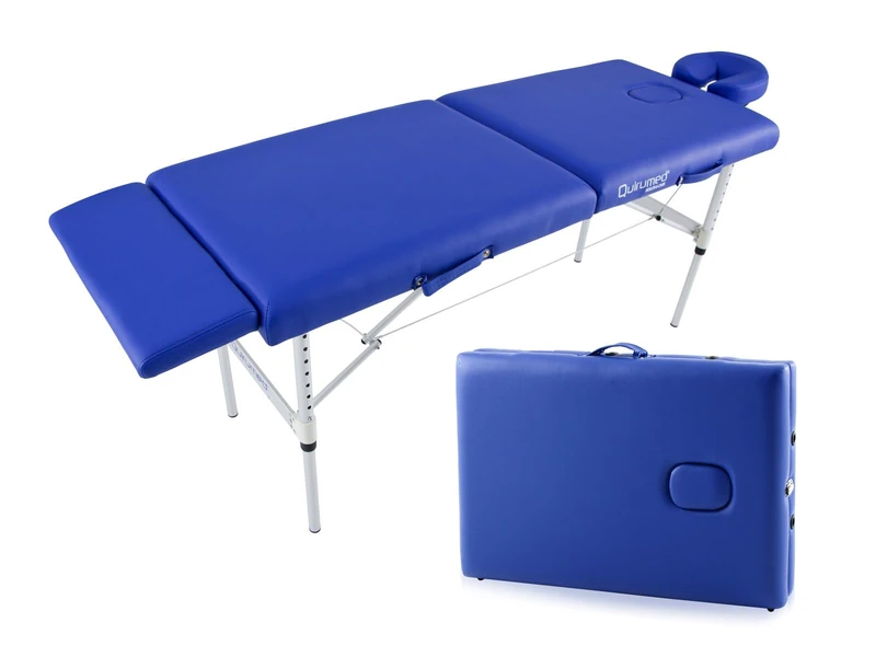 Quirumed Massage table, Foldable, Aluminium Ultralight, Leatherette, Professional, 200 x 60 cm, Blue, Removable headrest, Face hole, Foot rest, Up to 120 kg