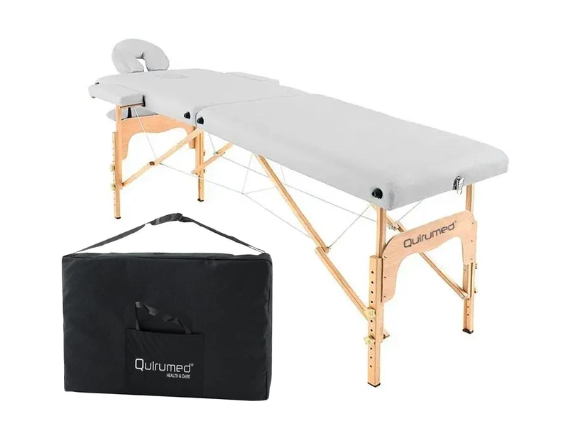 QUIRUMED Easy Wooden Folding Massage Table, White, 186 x 66 cm, Massage Table, Physiotherapy Massage, Leatherette, Articulated Head, Adjustable Height, 2 Bodies