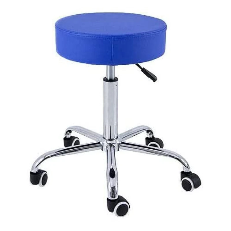QUIRUMED Chrome Base Stool 5 Wheels, Steel, Blue Color, Faux Leather Upholstery, High-Density Padding, Lightweight, Height-Adjustable, Up to 150 kg