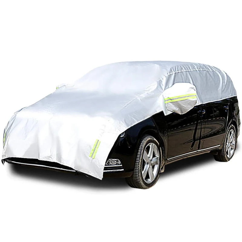 Konnfeir Half Car Cover with Cotton All Weather Car Body Covers Outdoor Indoor for All Season Waterproof Dustproof UV Resistant Snowproof Universal (Fit MPV/SUV Length 184'' to 195''), silver