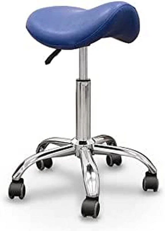 QUIRUMED Pony Stool, Chrome Base with 5 Wheels, Blue, Ergonomic, Lightweight, Adjustable Height, High Density Filling, Leatherette, Up to 150 kg