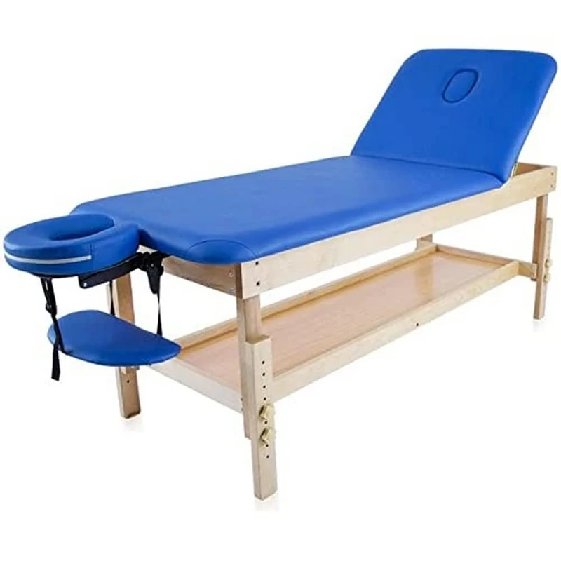 Quirumed Fixed wooden table with folding back and tray, Blue, 186 x 70 cm, Wood, Leatherette, Adjustable Height, Armrest Tray, Face hole, up to 180 kg