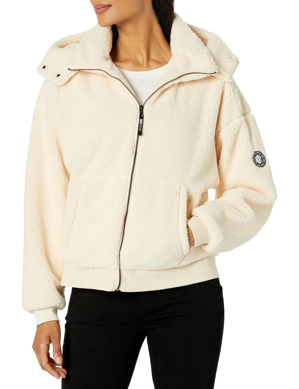 DKNY Women's Sport Hooded Roebling Fleece Jacket Anorak, Egg Nog, XS