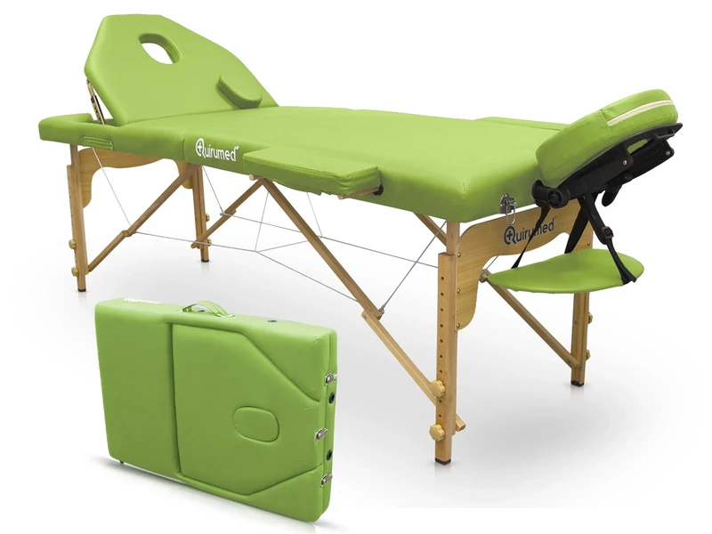 Quirumed Elite Wooden Folding Massage Table, Green Color, 194 x 70 cm, Massage Table, Leatherette, Portable, Folding Backrest, Removable Head, Facial Hole, Adjustable Height, Up to 150 kg