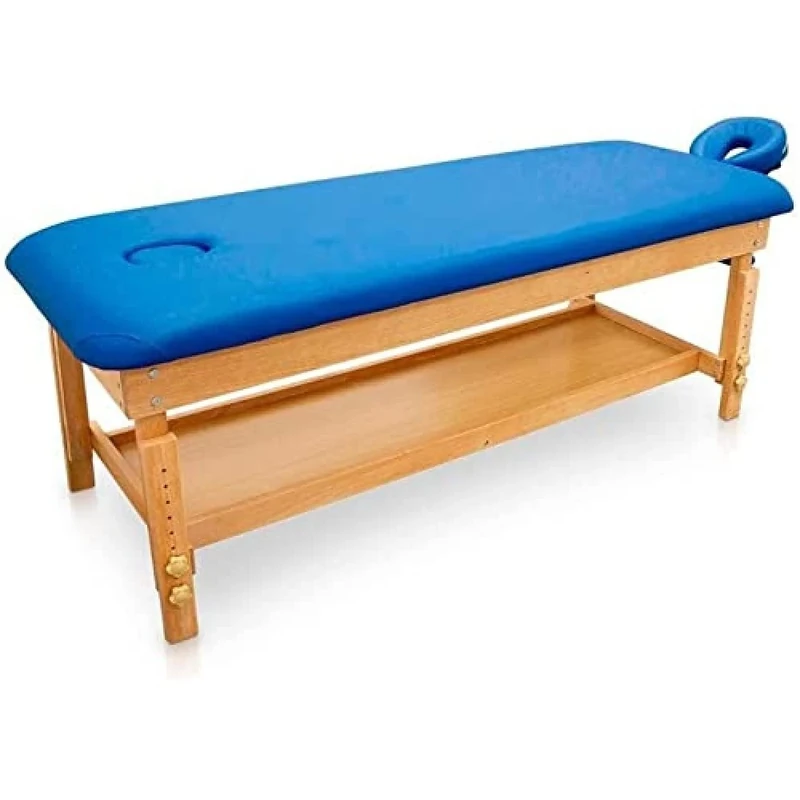 Quirumed Wooden Fixed Massage Table Easy, Blue, Massage Bed, Leatherette, Adjustable Height, Removable Headrest, Armrest Tray, High Density Upholstery, up to 220 kg