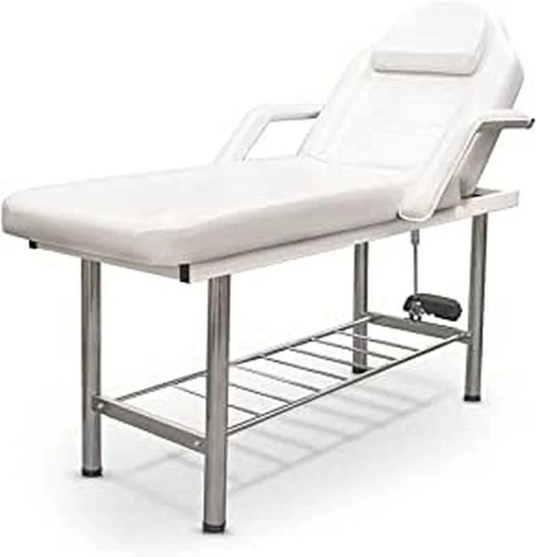 Quirumed Fixed Stretcher 2 Bodies, Chrome Steel, with Face Hole, Removable Armrests, White, Leatherette, Flip Back, Bottom Tray