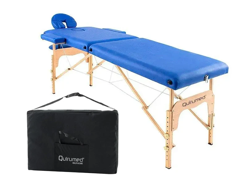 QUIRUMED Easy Wooden Folding Massage Table, Blue, 186 x 66 cm, Massage Table, Physiotherapy Massage, Leatherette, Articulated Head, Adjustable Height, 2 Bodies