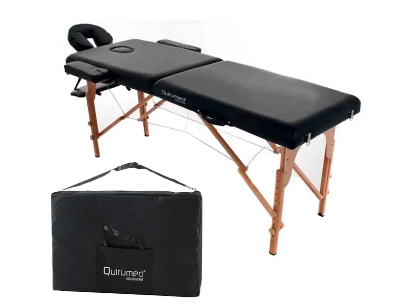 Quirumed Folding Easy Wooden Massage Table, Black Color, 194 x 70 cm, Massage Table, Physiotherapy Massage, Leatherette, Articulated Head, Adjustable Height, 2 Bodies, Up to 150 kg