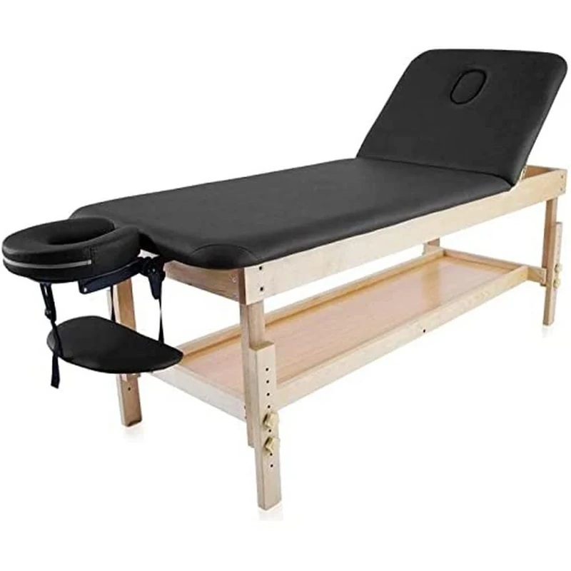 Quirumed Fixed Wooden Couch with Folding Backrest and Tray, Colour Black, 186 x 70 cm, Wood, Leatherette, Adjustable Height, Armrest Tray, Face hole, Up to 180 kg