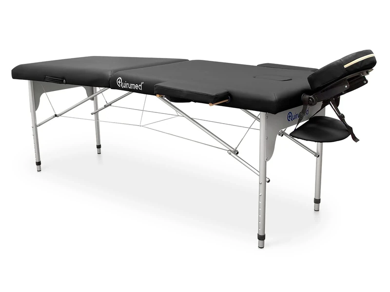 QUIRUMED Easy aluminium folding massage table, black, 186 x 66 cm, leatherette, lightweight, portable, removable head, facial hole, removable arms, adjustable height, up to 140 kg