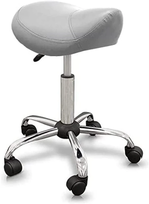 QUIRUMED Ergonomic Pony Stool with Steel Base, Silver, Upholstered in Leatherette, Adjustable Height, Padded Seat, Swivel Wheels, Up to 150 kg