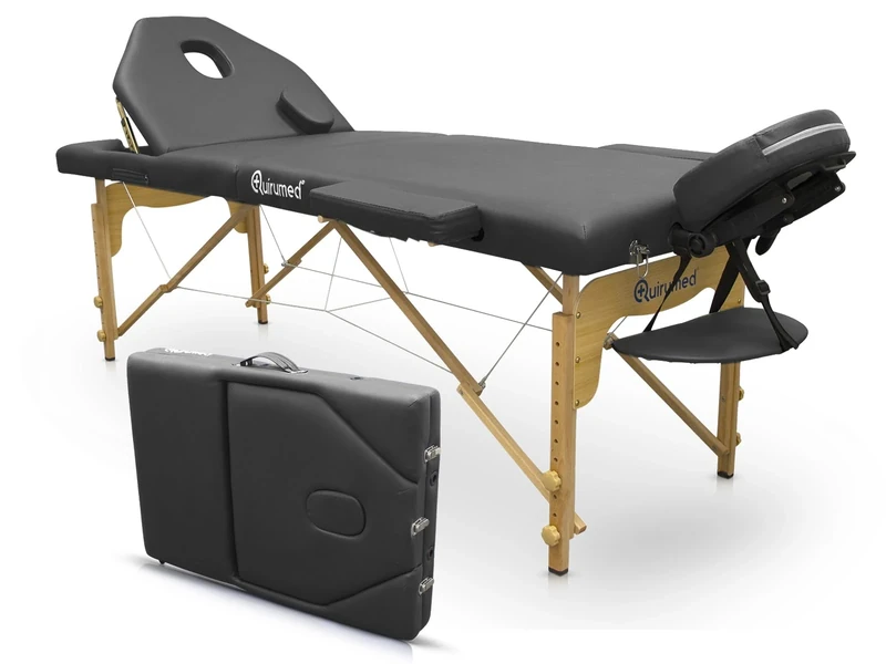QUIRUMED Elite Folding Wooden Massage Table, Colour Black, 194 x 70 cm, Massage Bed, Leatherette, Folding Backrest, Adjustable Height, Removable Headrest, Face hole, 2 Section, Up to 150 kg
