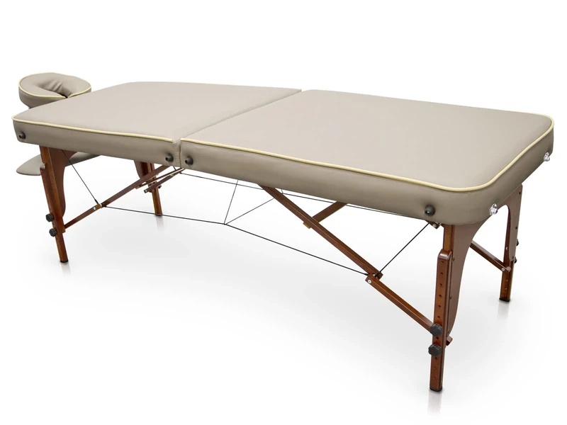 Quirumed SPA Massage Table, Portable, Wooden, Beige, Varnished Wood, Leatherette, High Density Padding, Adjustable Height, Foldable, Detachable Headrest, up to 210 kg