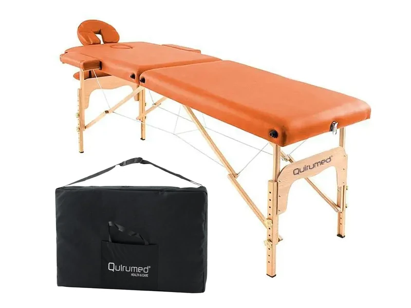 Quirumed Wooden Folding Massage Table Easy, Colour Orange, 186 x 66 cm, Massage Table, Physiotherapy Massage, Leatherette, Articulated Headrest, Adjustable Height, 2 bodies