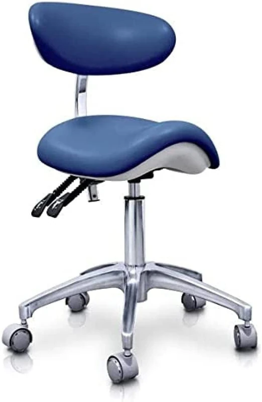 QUIRUMED Pony Elite Hydraulic Stool Navy Blue Multi Disciplinary Stainless Steel Faux Leather Ergonomic Backrest PU Padding Height Adjustable