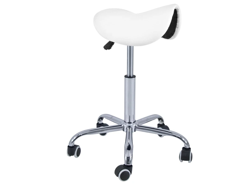 QUIRUMED Pony Stool 5 Wheels, Chrome Base, White, Upholstered in Leatherette, Height Adjustable, Lightweight, Ergonomic Design, Rotatable, Up to 150 kg