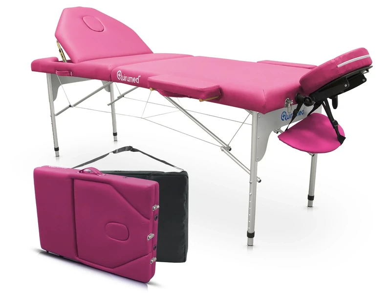 QUIRUMED Pro Aluminium Folding Massage Table 186 x 66 cm with Folding Back, Pink Leatherette, Facial Hole, Removable Head, Adjustable in Height, 2 Bodies, Up to 150 kg