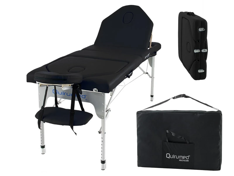 Quirumed Aluminium Folding Table, with Double Folding Backrest, Aluminium, Leatherette, Black, 186 x 66 cm, Portable, Removable Headrest, Face hole, Adjustable Height, Up to 150 kg