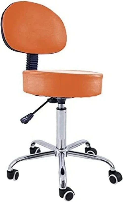 QUIRUMED Stool with Backrest, Chrome Base, 5 Wheels and Orange Gas Lift - Image 1