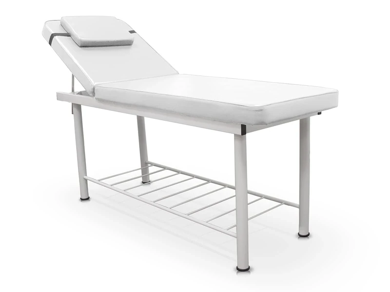 Quirumed Fixed Massage Table, 2 Section, with Steel Frame, White, Leatherette, Facial Hole, Cushion, Towel Holder, Bottom Tray, up to 180 kg
