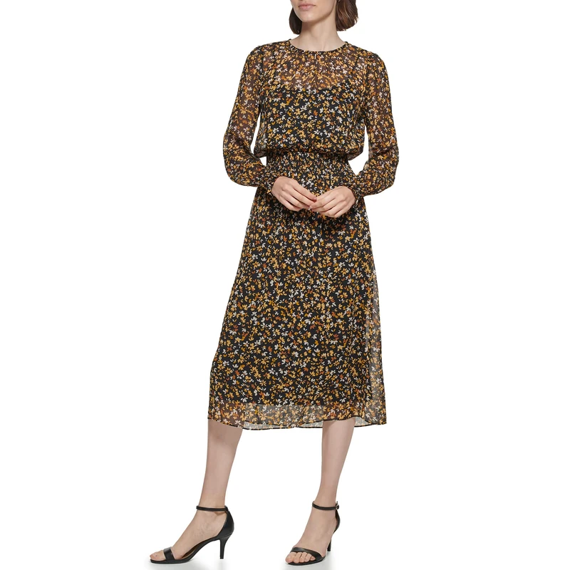 Tommy Hilfiger Women's A2fg1336-ztg-10 Dress, Black/Sunflower, 14