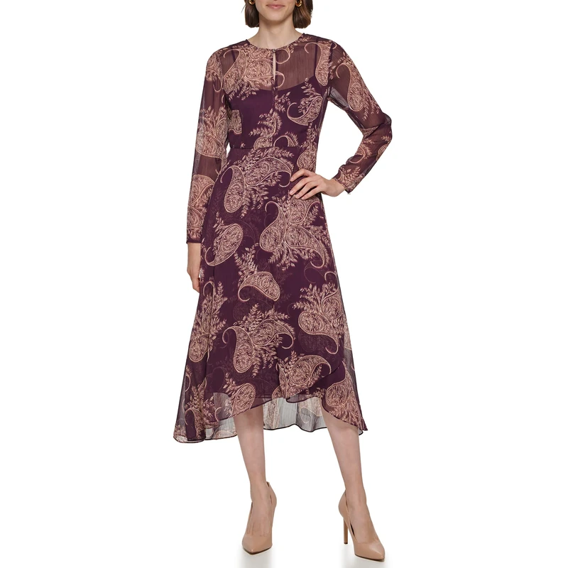 Tommy Hilfiger Women's Button Neck Midi Dress, Aubergine/Ivory, 18