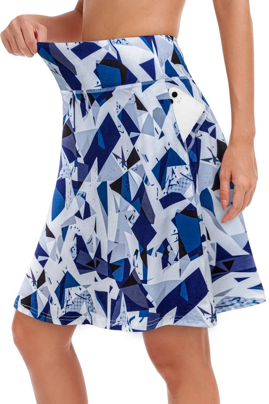 KORALHY 20" Knee Length Skorts Skirts for Women, High Waisted Tennis Athletic Skirt with Zipper Pocket, Geometry, L