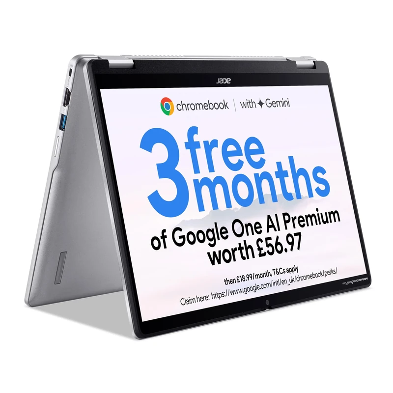 acer Chromebook Spin 314 CP314-2HN Convertible Laptop - Intel N100, 4GB, 128GB eMMC, Integrated Graphics, 14" WUXGA Touchscreen, Chrome OS, Silver