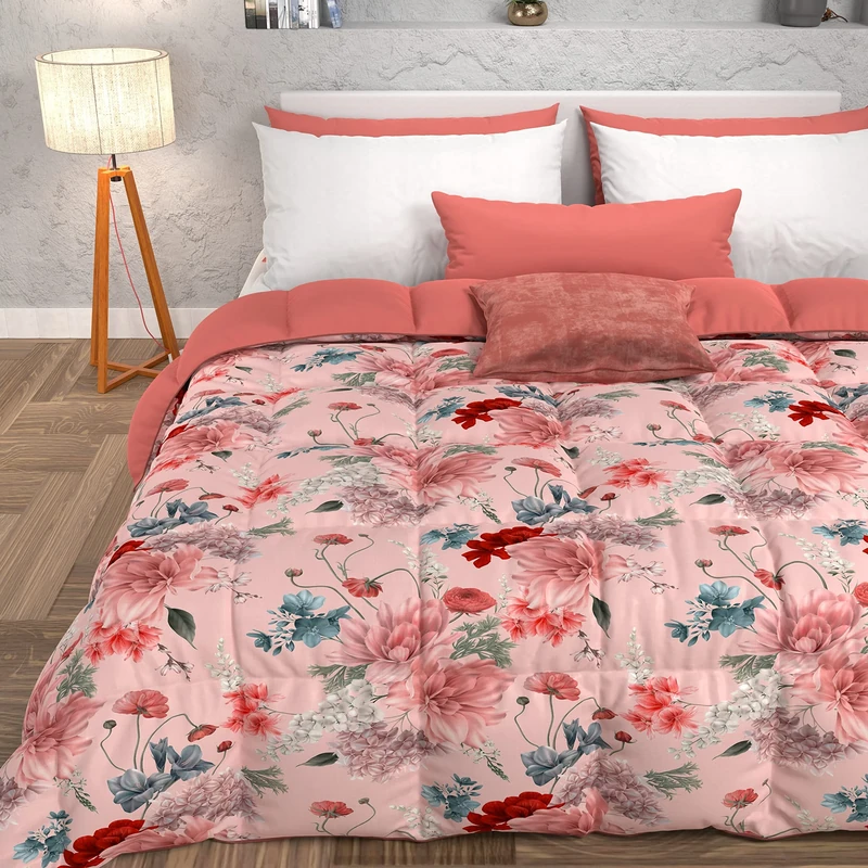 PETTI Artigiani Italiani - Winter Quilt, Winter Duvet, Double Sided Quilt, Solid Colour and Digital Floral Print 19 03, 100% Microfibre, Made in Italy
