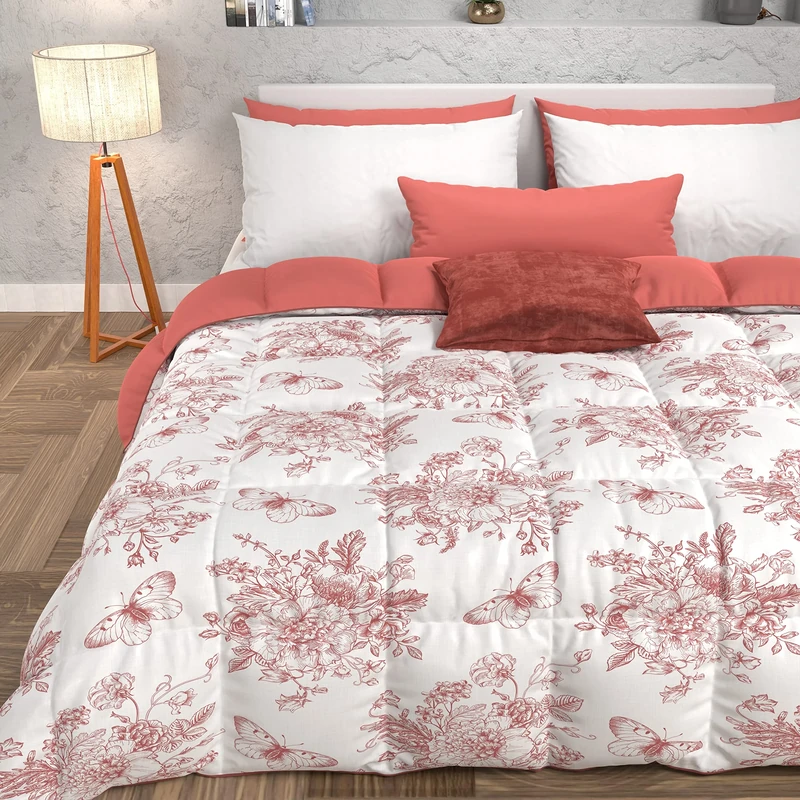 PETTI Artigiani Italiani -Winter Quilt, Winter Duvet, Square and Half Double Face Quilt Solid Color and Digital Print Botanic Powder, 100% Hypoallergenic Microfiber, Made in Italy