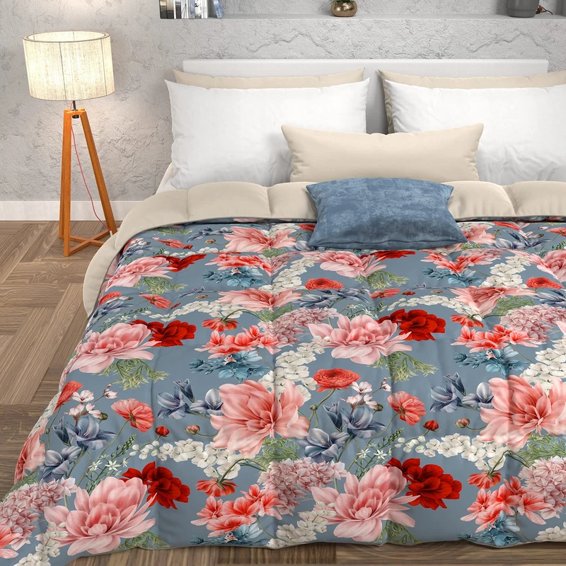 PETTI Artigiani Italiani - Quilt, Winter Duvet, Winter Quilt, Double Face Quilt Solid Color and Digital Floral Print 19 04, 100% Anti-Allergic Microfiber, Made in Italy