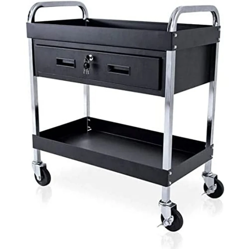QUIRUMED - Hairdressing and Tattoo Trolley | Top and Bottom Tray | Lockable Drawer | Wheels with Brake, Black, Normal, Alloy Steel - Image 1