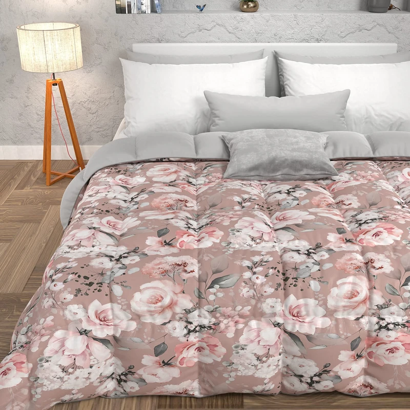 PETTI Artigiani Italiani -Winter Quilt, Winter Duvet, Square and Half Double Face Quilt Solid Color and Digital Print Floral Powder, 100% Hypoallergenic Microfiber, Made in Italy