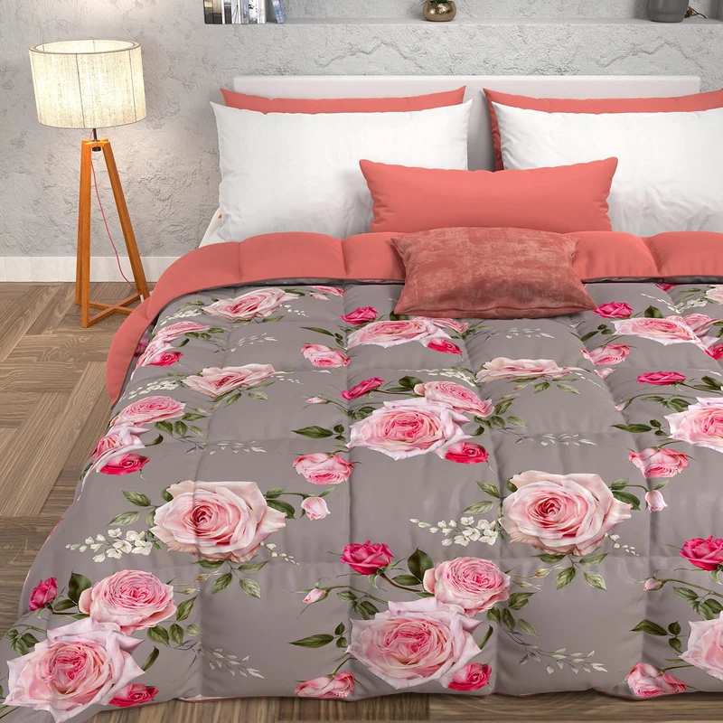 PETTI Artigiani Italiani -Winter Quilt, Winter Duvet, Square and Half Double Face Quilt Solid Color and Digital Floral Print Mud, 100% Hypoallergenic Microfiber, Made in Italy