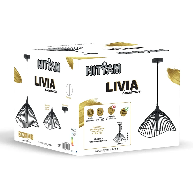 Industrial Pendant Light Made of Matt Black Metal, 150 cm Cable, Ceiling Light for Living Room, Bedroom, Kitchen, Lamp Livia, Light NITYAM, Bulb Not Included