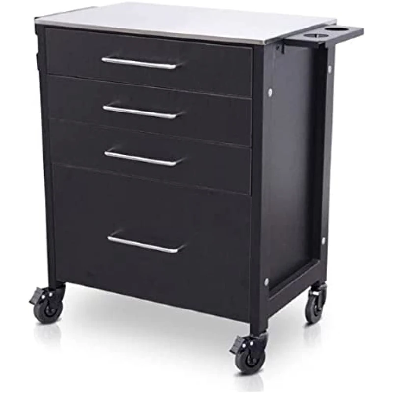 QUIRUMED Tattoo Workstation with Wheels, Professional Tatto Table, Furniture, Tatto, Side Table, Steel Frame, Wooden Drawers, Portable, with 4 Wheels, with Ink Holder