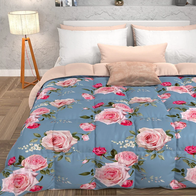 PETTI Artigiani Italiani -Winter Quilt, Winter Duvet, Square and Half Double Face Quilt Solid Color and Digital Floral Print Light Blue, 100% Hypoallergenic Microfiber, Made in Italy