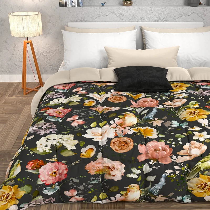 PETTI Artigiani Italiani - Quilt, Winter Duvet, Winter Quilt, Double Faced Double Faced and Black Floral Digital Print, 100% Hypoallergenic Microfiber, Made in Italy