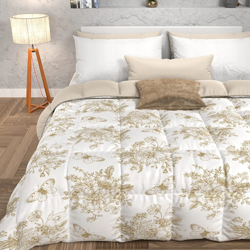PETTI Artigiani Italiani -Winter Quilt, Winter Duvet, Square and Half Double Face Quilt Solid Color and Digital Print Botanic Taupe, 100% Hypoallergenic Microfiber, Made in Italy - Image 1