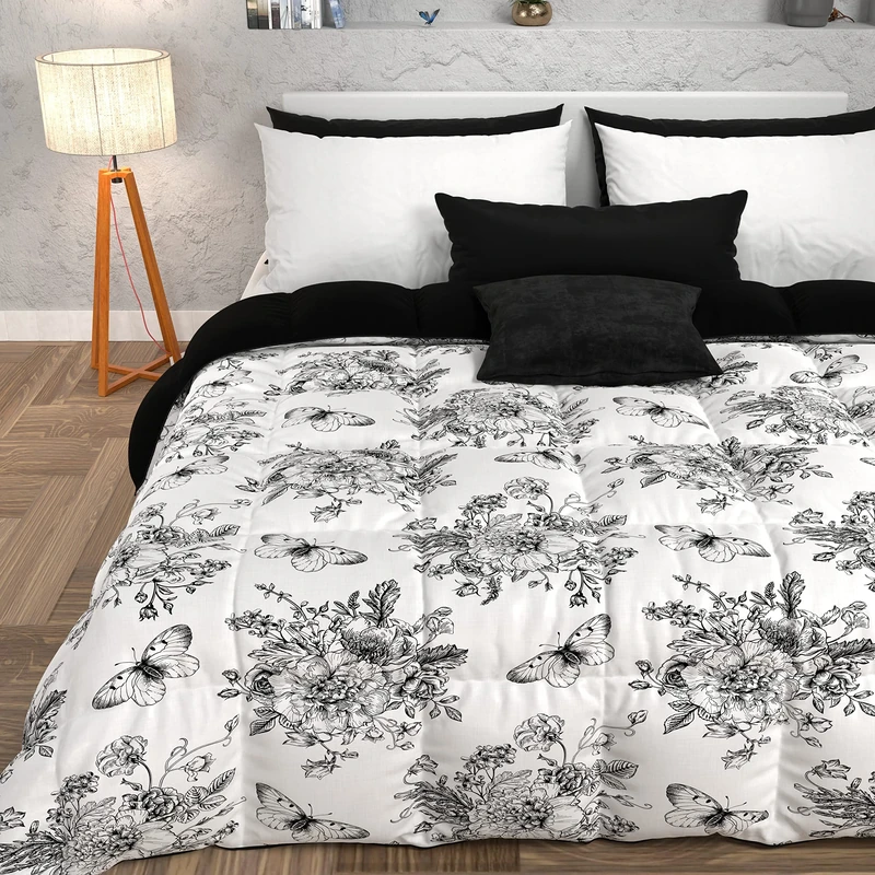 PETTI Artigiani Italiani - Quilt, Winter Duvet, Winter Quilt, Double Faced Double Faced and Botanic Black Digital Print, 100% Hypoallergenic Microfiber, Made in Italy