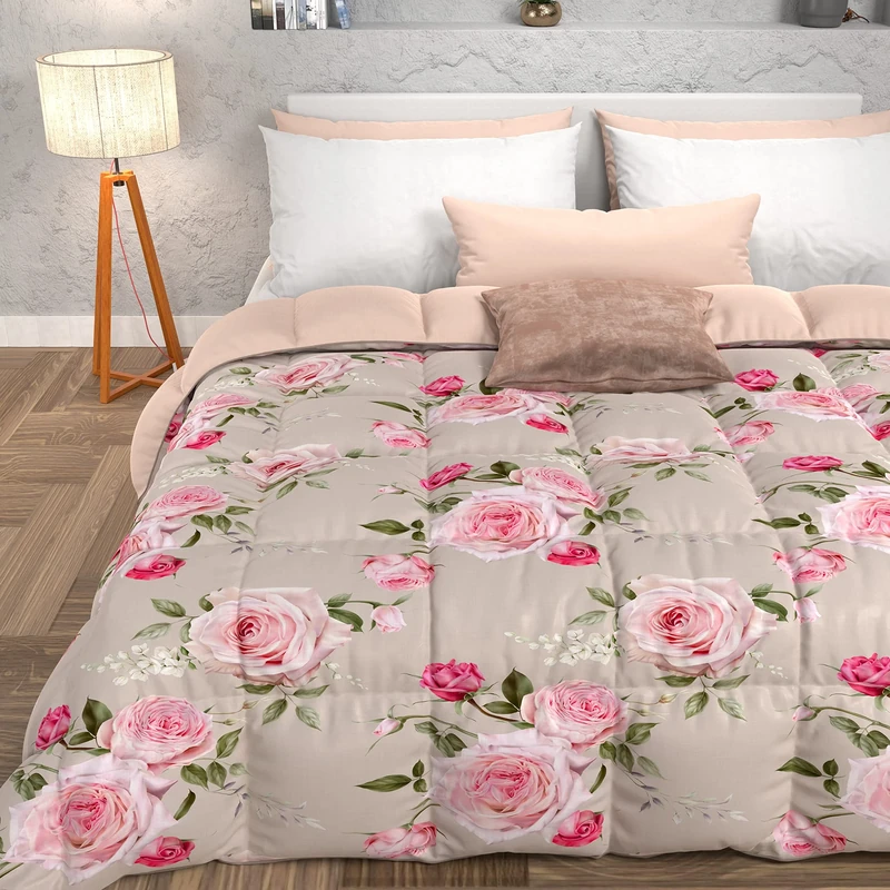 PETTI Artigiani Italiani -Winter Quilt, Winter Duvet, Square and Half Double Face Quilt Solid Color and Digital Floral Print Taupe, 100% Hypoallergenic Microfiber, Made in Italy