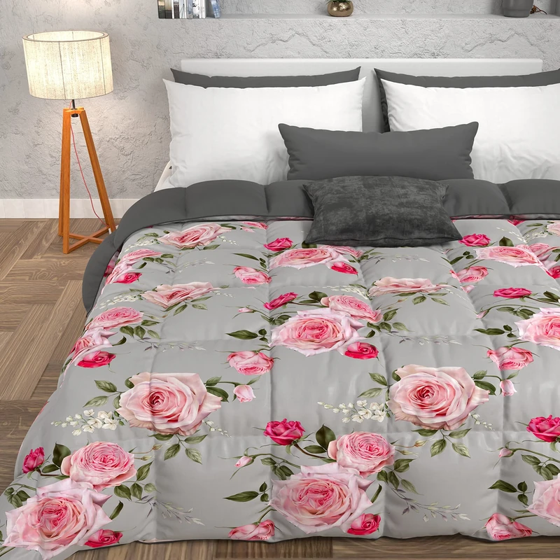 PETTI Artigiani Italiani - Quilt, Winter Duvet, Winter Quilt, Double Face Plain Dyed and Digital Floral Print 20 02, 100% Hypoallergenic Microfiber, Made in Italy