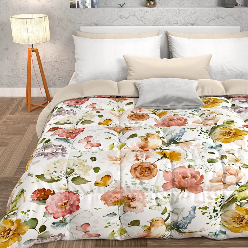 PETTI Artigiani Italiani -Winter Quilt, Winter Duvet, Square and Half Double Face Quilt Solid Color and White Floral Digital Print, 100% Hypoallergenic Microfiber, Made in Italy