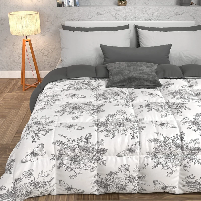 PETTI Artigiani Italiani - Winter Quilt, Winter Duvet, Double Sided Quilt, Solid Colour and Digital Print Botanic Grey, 100% Microfibre, Made in Italy