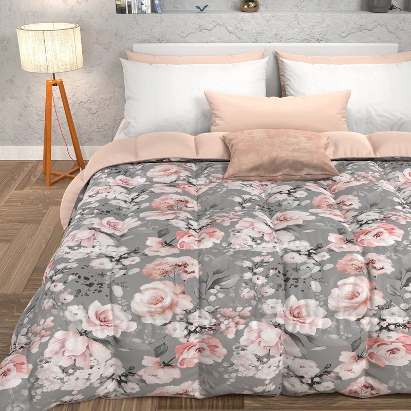 PETTI Artigiani Italiani -Winter Quilt, Winter Duvet, Square and Half Double Face Quilt Solid Color and Digital Floral Print Grey, 100% Hypoallergenic Microfiber, Made in Italy - Image 1